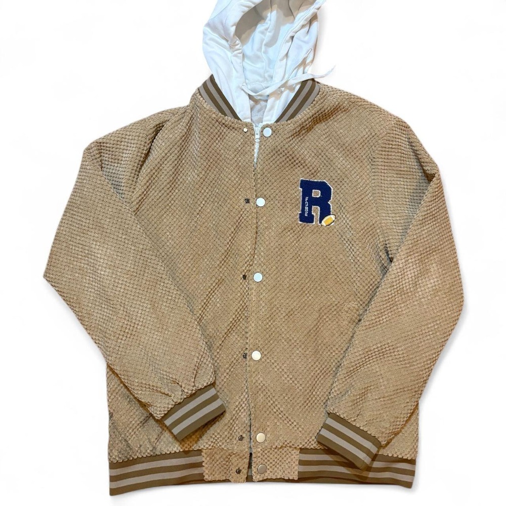 Ralph Lauren Vibe Mens Tan Textured Varsity Jacket XL Waffle Knit Hooded Insert